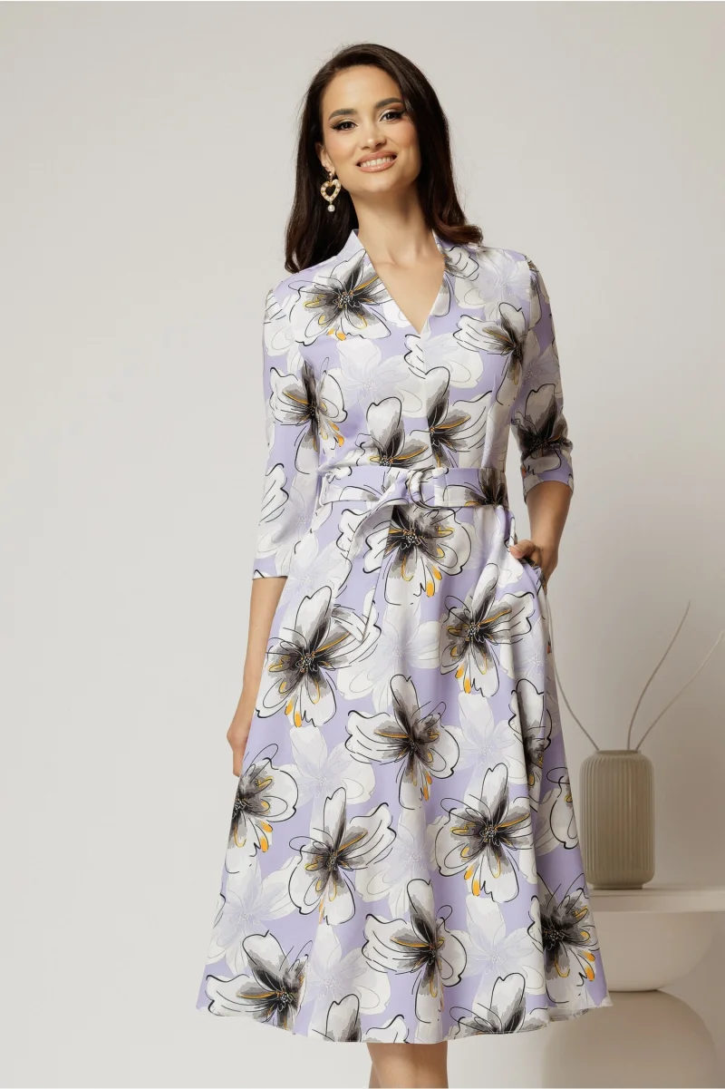 Rochie midi de zi lila cu imprimeuri ivoar cu buzunare