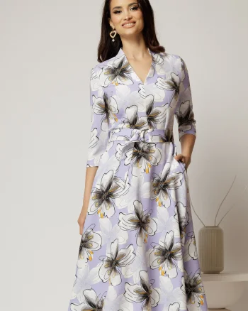 Rochie midi de zi lila cu imprimeuri ivoar cu buzunare