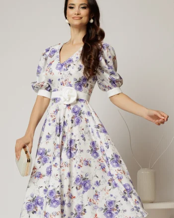 Rochie DY Fashion cu imprimeu floral lila si floare in talie