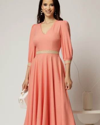 Rochie DY Fashion midi roz somon cu banda decorativa pe talie si mansete