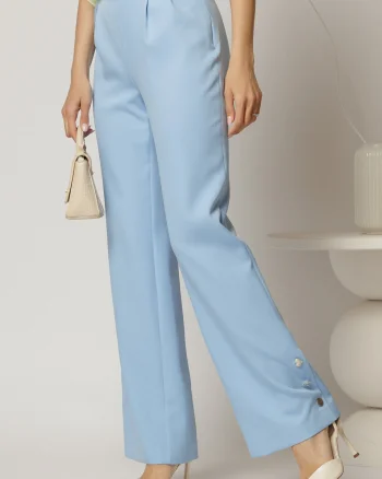 Pantaloni DY Fashion bleu croi drept cu nasturi decorativi la tiv
