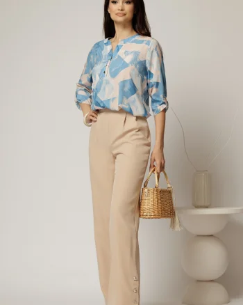 Pantaloni DY Fashion bej croi drept cu nasturi decorativi la tiv