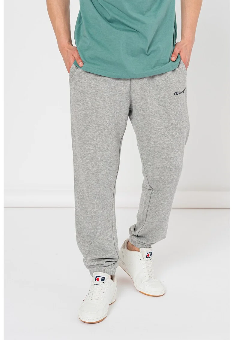 Pantaloni de trening cu model uni si detaliu logo, Gri melange