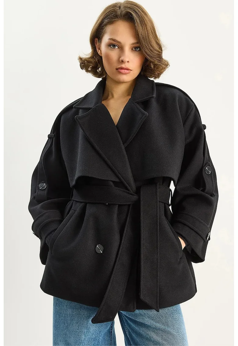Palton dama,  cu doua randuri de nasturi, fleece, Negru,