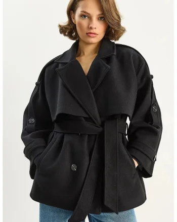 Palton dama,  cu doua randuri de nasturi, fleece, Negru,