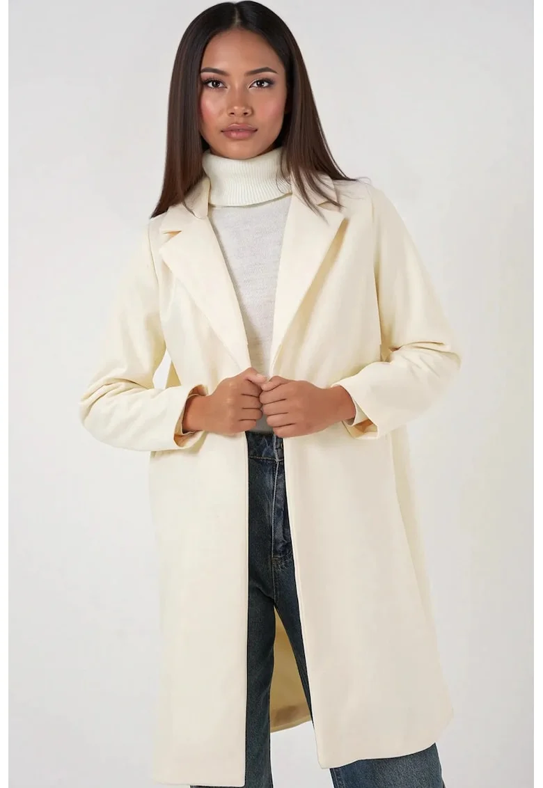Palton dama,  lung cu nasturi si buzunare, alb prafuit, textil,