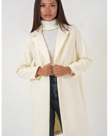 Palton dama,  lung cu nasturi si buzunare, alb prafuit, textil,