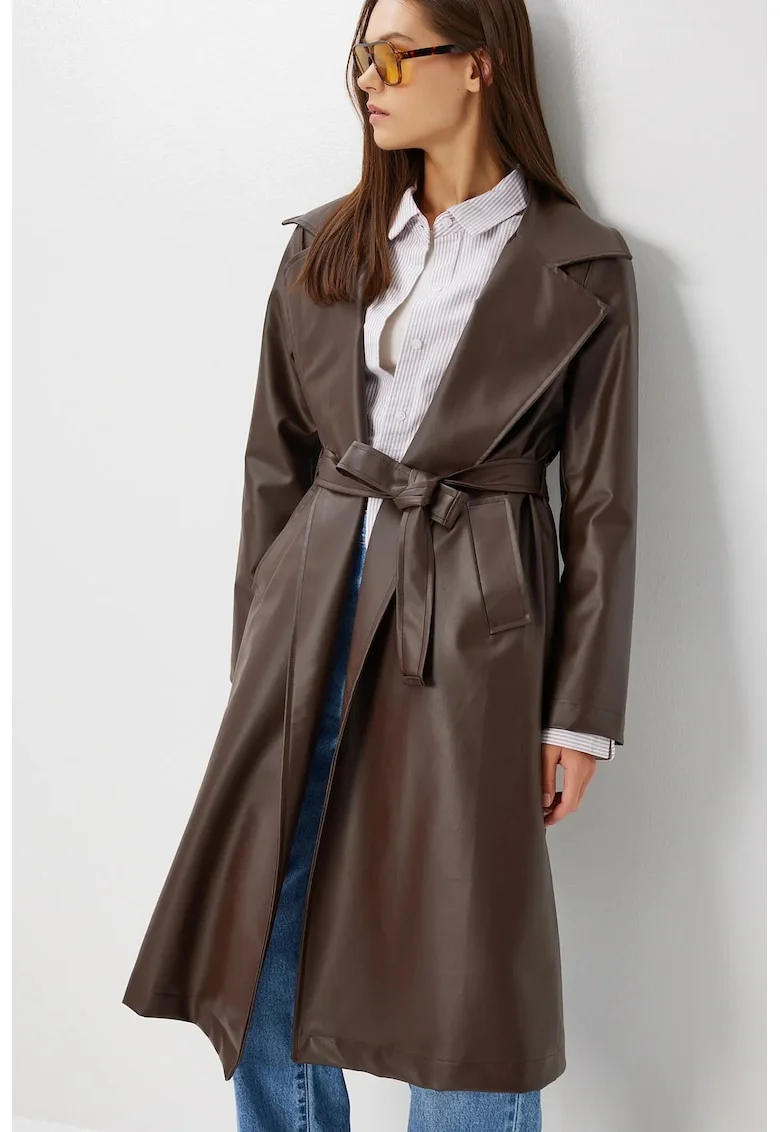 Trenci dama, Happiness Istanbul, lung, catarama, maro mocha, piele ecologica