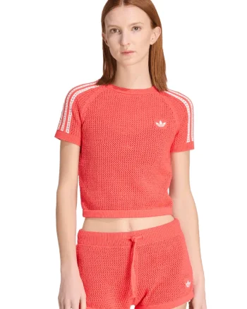 Tricou crop crosetat cu logo, Alb/Portocaliu stins