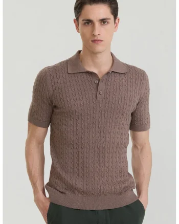 Tricou polo texturat, Maro taupe