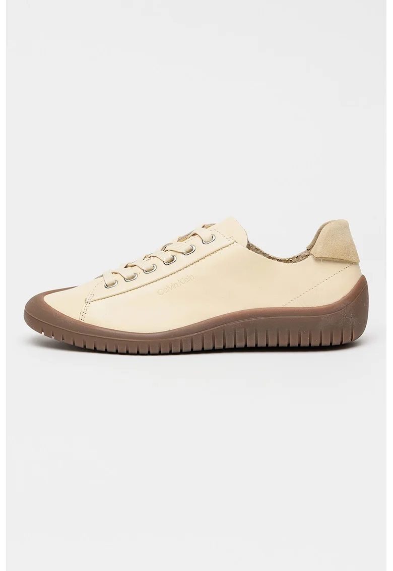 Pantofi sport din piele cu sireturi, Bej/Maro pamantiu
