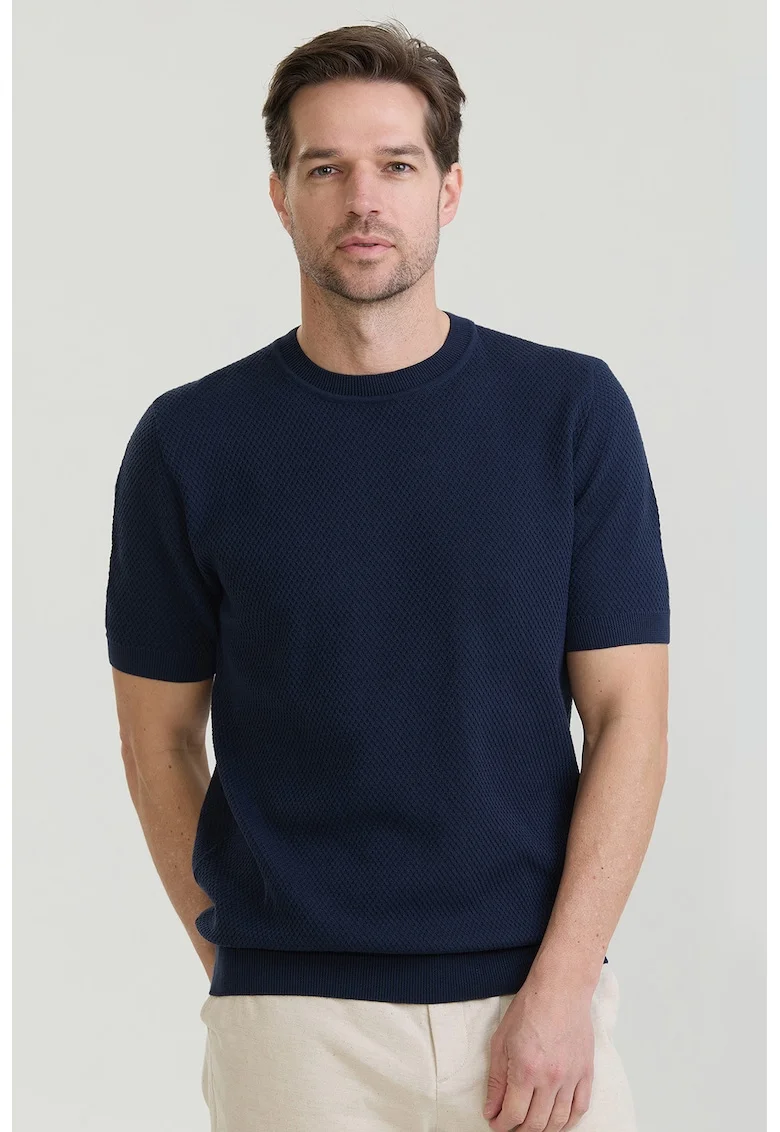Tricou cu model uni si decolteu la baza gatului, Bleumarin