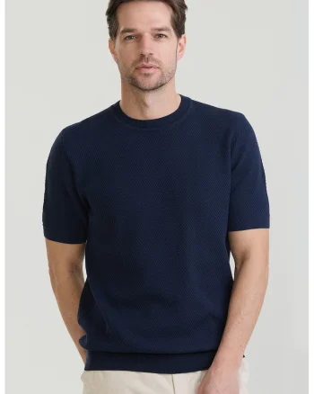 Tricou cu model uni si decolteu la baza gatului, Bleumarin