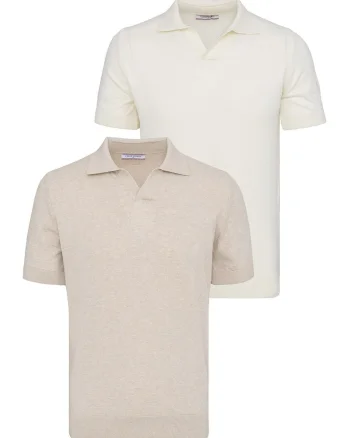 Set de tricouri din bumbac cu guler polo - 2 piese, Bej/Ocru
