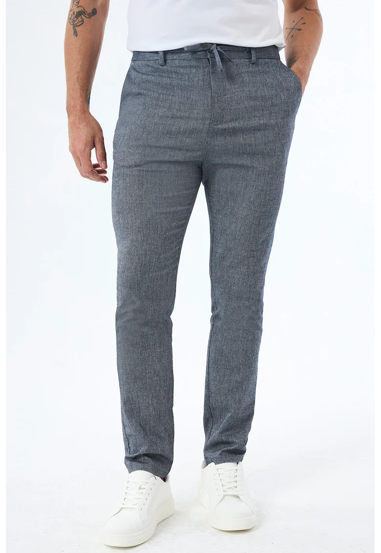 Pantaloni slim fit din amestec de bumbac si in, Albastru melange