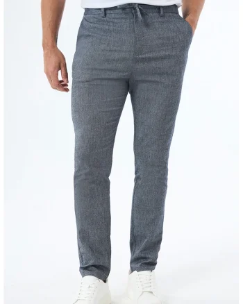 Pantaloni slim fit din amestec de bumbac si in, Albastru melange