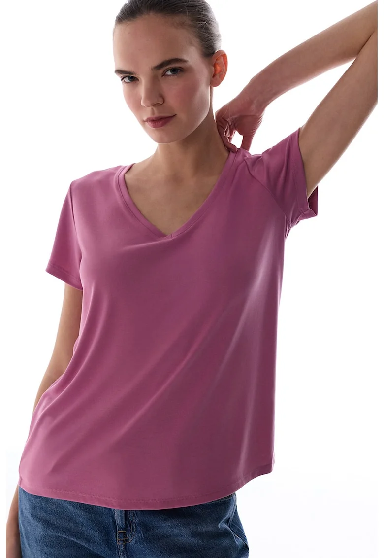 Tricou lejer din amestec de modal cu decolteu in V, Roz fandango,