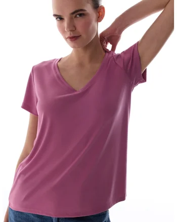 Tricou lejer din amestec de modal cu decolteu in V, Roz fandango,