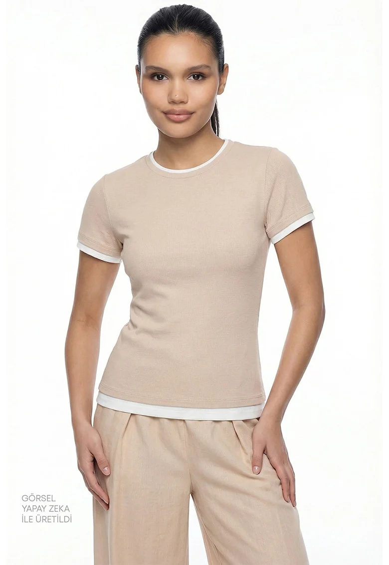 Tricou slim fit cu striatii, Alb, Bej inchis,