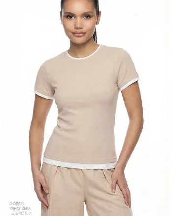 Tricou slim fit cu striatii, Alb, Bej inchis,