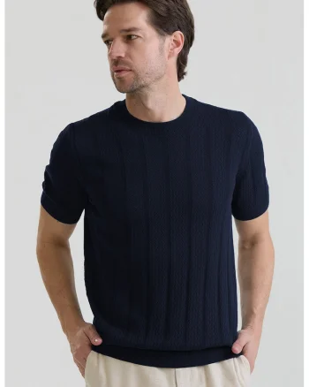 Tricou tricotat cu decolteu la baza gatului, Bleumarin