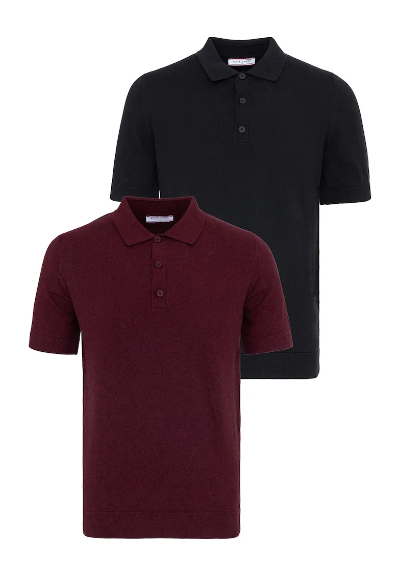 Set de tricouri din bumbac cu guler polo - 2 piese, Visiniu/Negru