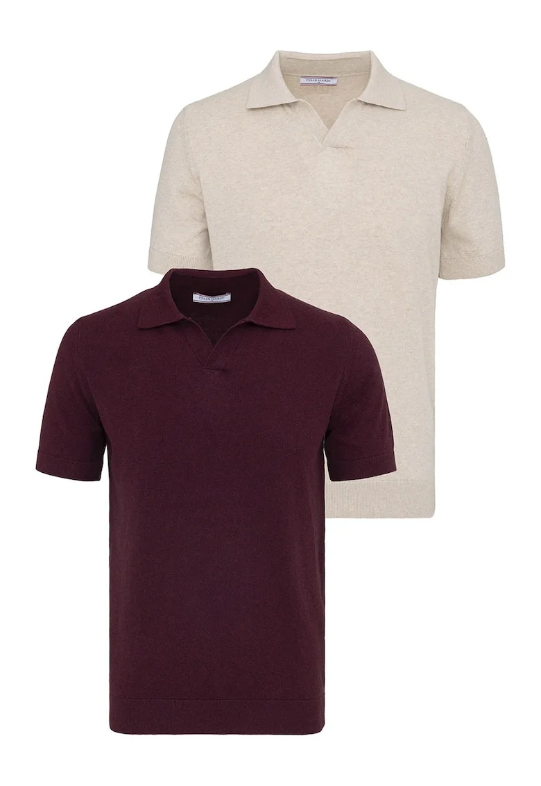 Set de tricouri din bumbac cu guler polo - 2 piese, Visiniu/Bej