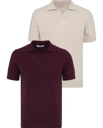 Set de tricouri din bumbac cu guler polo - 2 piese, Visiniu/Bej