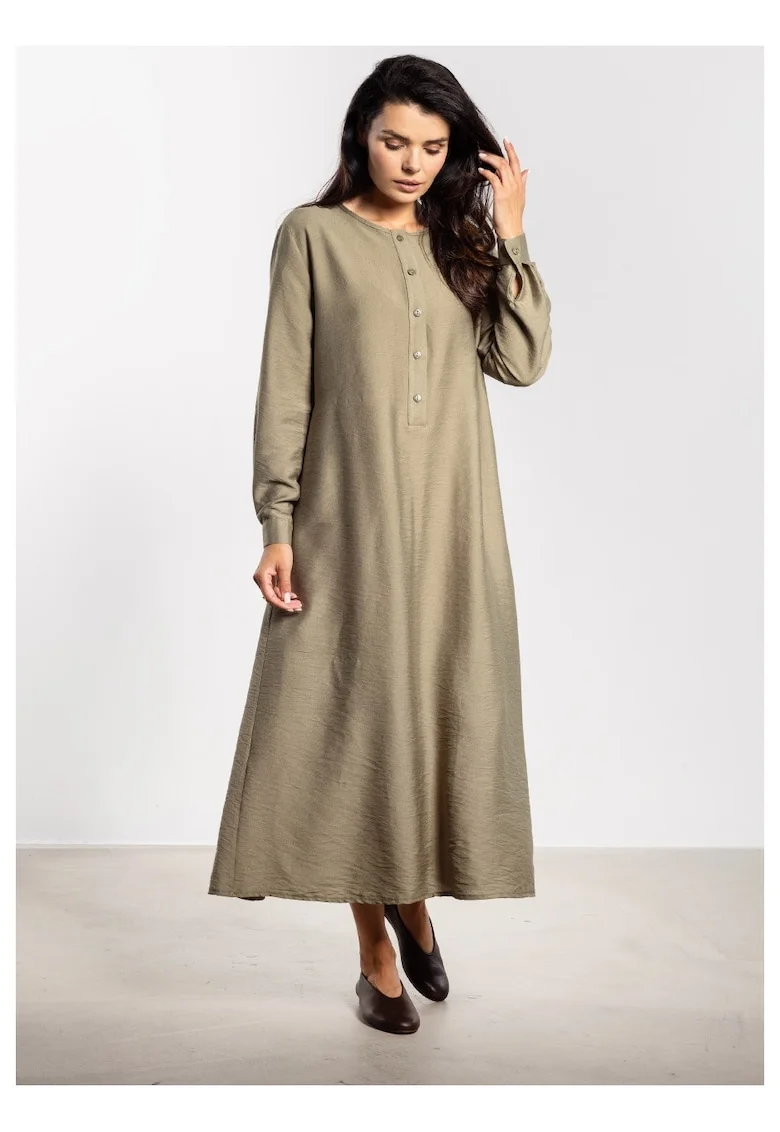 Rochie midi,  croi in A, curea detasabila, butoni eleganti, rayon natural, maneci cu mansete, liberatate de miscare, stil chic, Greenery