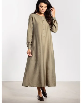 Rochie midi,  croi in A, curea detasabila, butoni eleganti, rayon natural, maneci cu mansete, liberatate de miscare, stil chic, Greenery