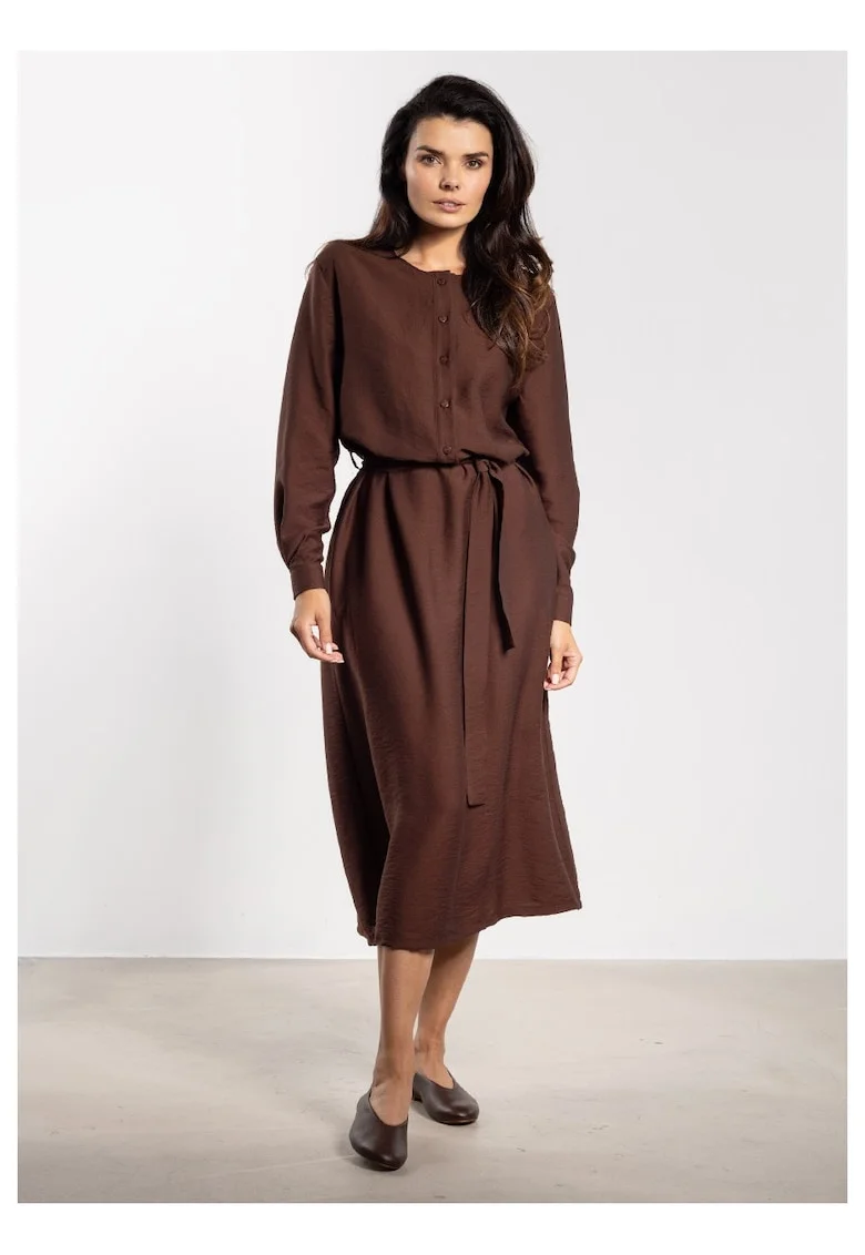 Rochie midi,  Maro, croi in A, curea detasabila, butoni eleganti, rayon natural, maneci cu mansete, liberatate de miscare, stil chic, Bronz