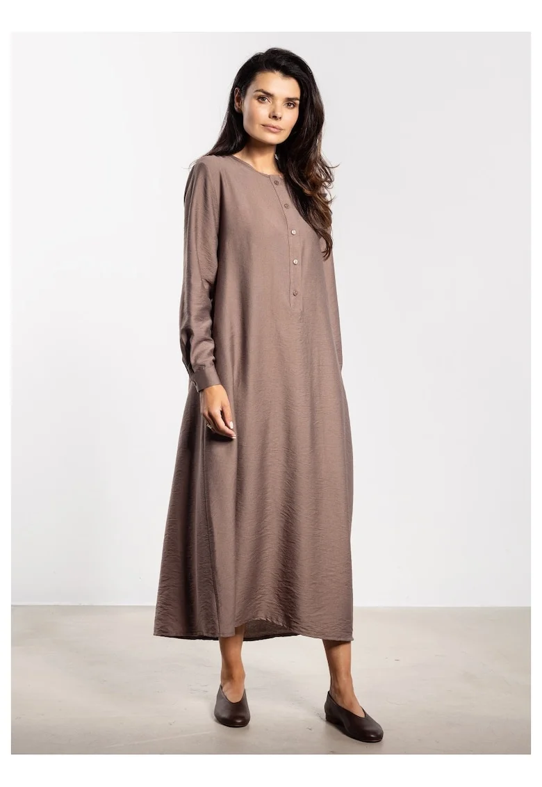 Rochie midi,  croi in A, curea detasabila, butoni eleganti, rayon natural, maneci cu mansete, liberatate de miscare, stil chic, Maro taupe
