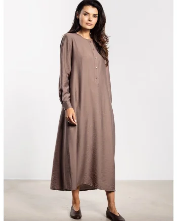 Rochie midi,  croi in A, curea detasabila, butoni eleganti, rayon natural, maneci cu mansete, liberatate de miscare, stil chic, Maro taupe