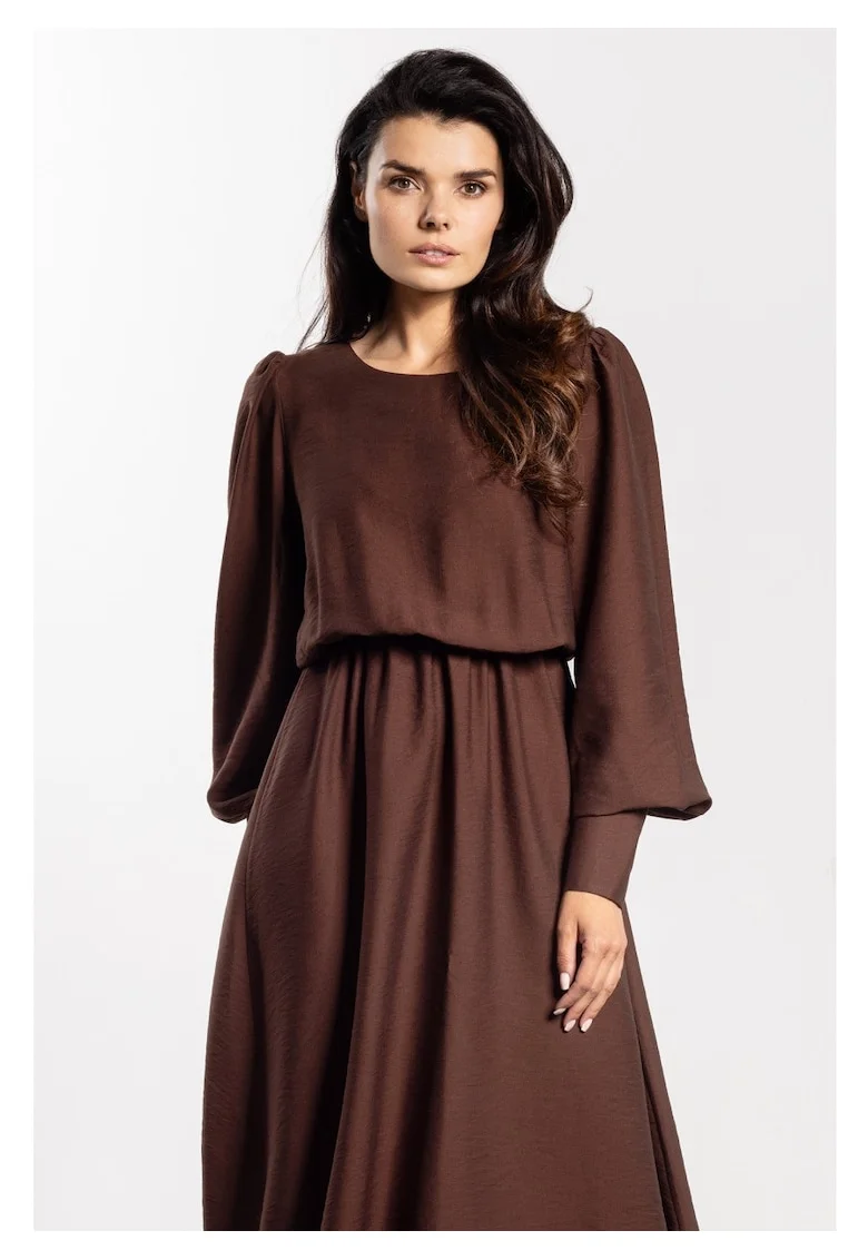 Rochie midi,  rayon natural, maneci lungi cu mansete, talie elastica, decolteu barca, confortabila, ideala pentru toamna-iarna, Bronz