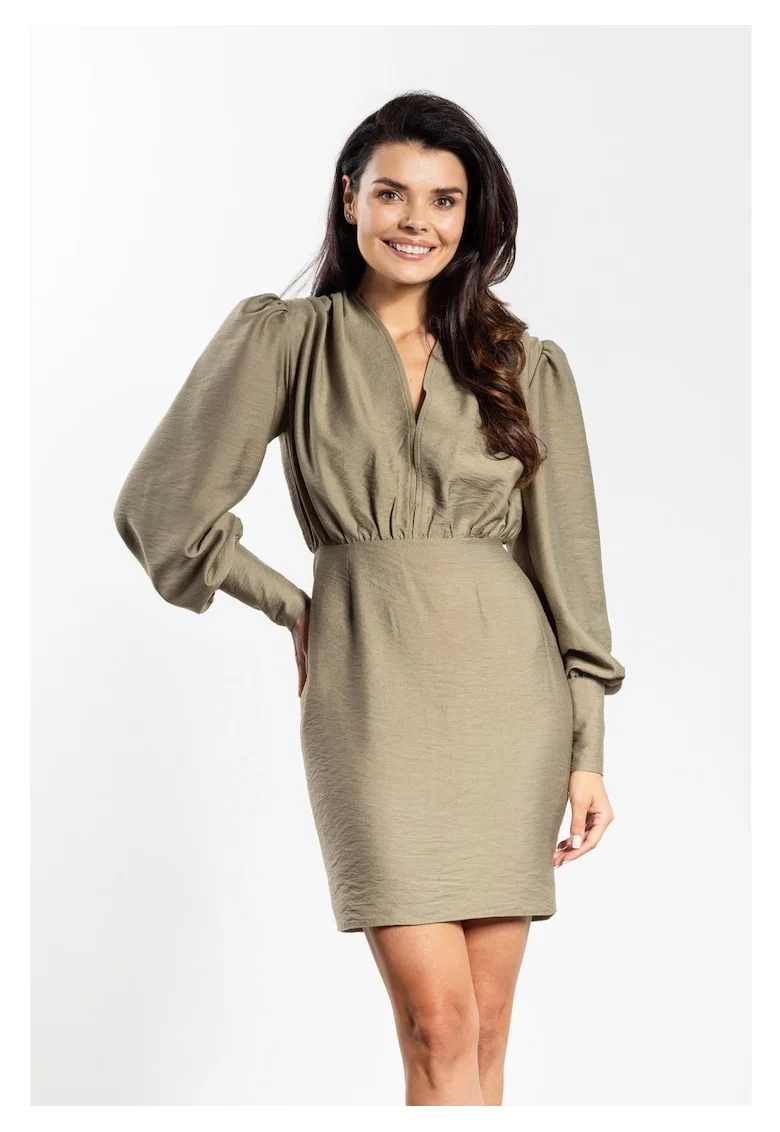 Rochie mini,  Verde, rayon natural, talie mulata, decolteu in V, maneci bufante cu mansete, evidentiaza picioarele, stil senzual, Greenery
