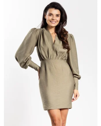 Rochie mini,  Verde, rayon natural, talie mulata, decolteu in V, maneci bufante cu mansete, evidentiaza picioarele, stil senzual, Greenery