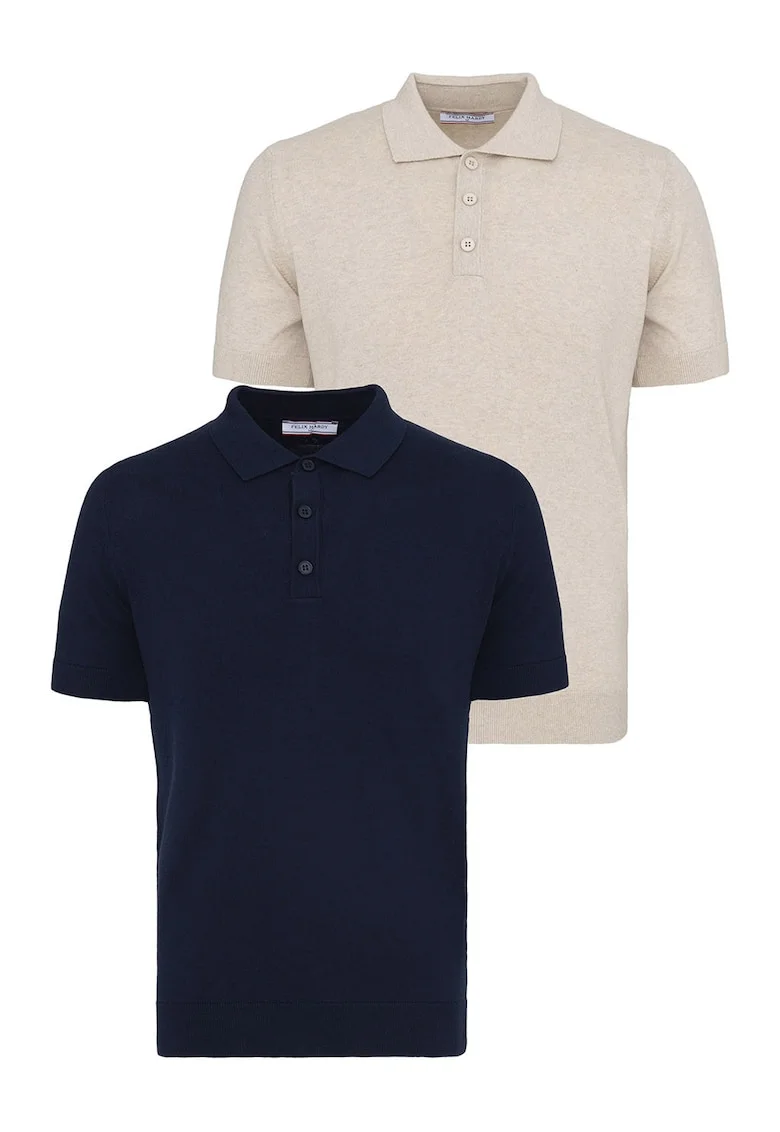 Set de tricouri din bumbac cu guler polo - 2 piese, Bej/Bleumarin
