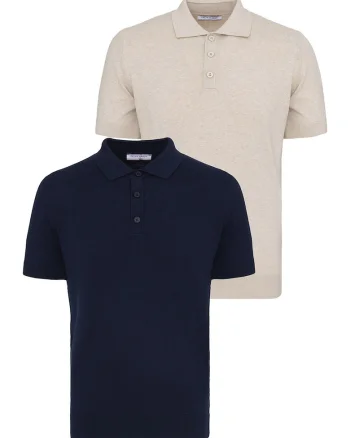 Set de tricouri din bumbac cu guler polo - 2 piese, Bej/Bleumarin
