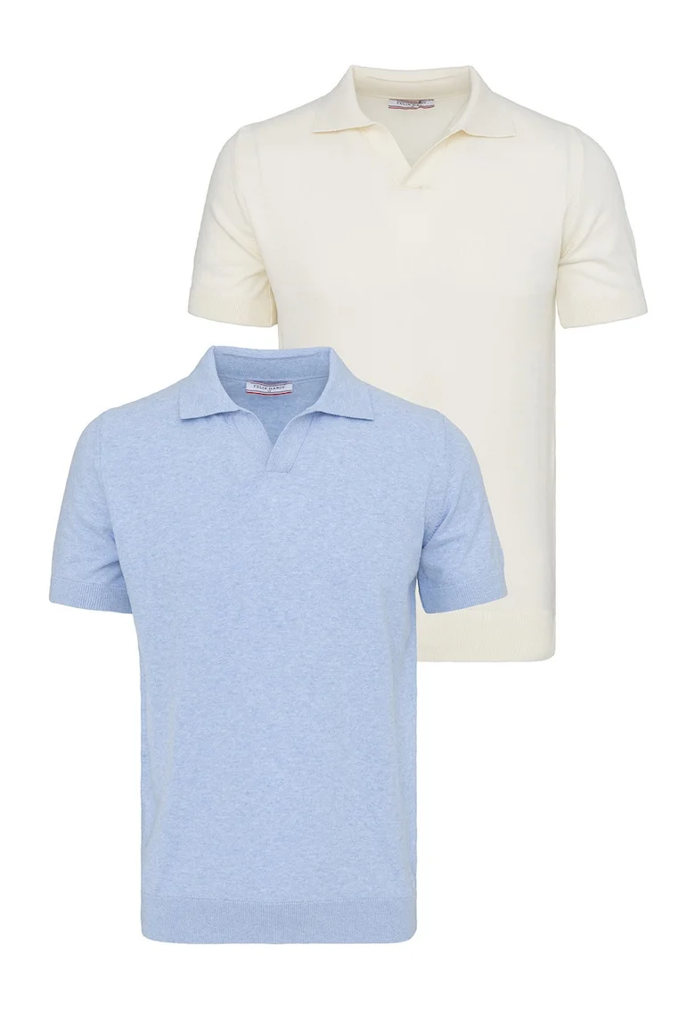 Set de tricouri din bumbac cu guler polo - 2 piese, Albastru pastel/Ocru