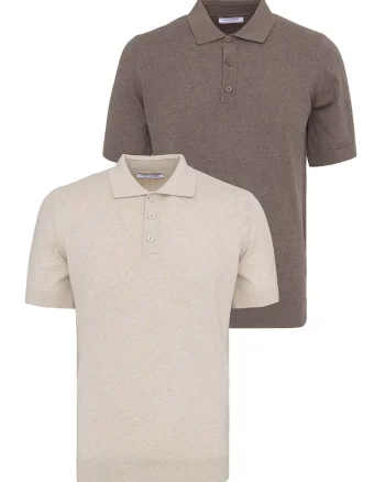 Set de tricouri din bumbac cu guler polo - 2 piese, Maro/Bej