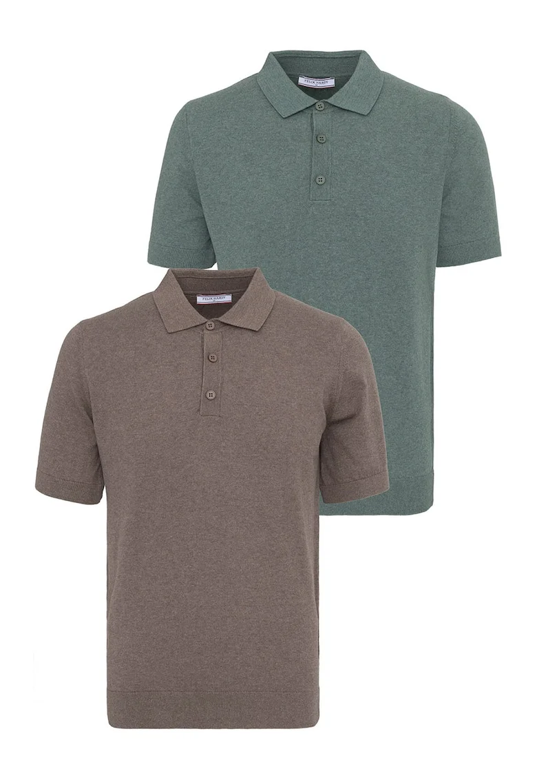 Set de tricouri din bumbac cu guler polo - 2 piese, Verde/Maro