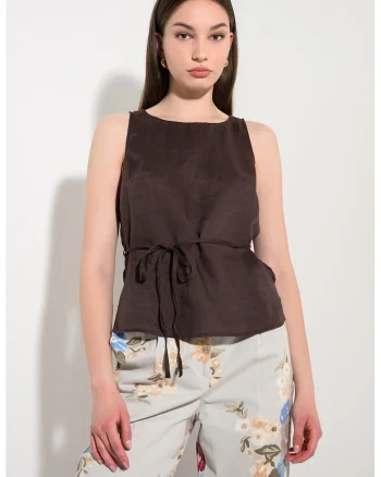 Bluza din in fara maneci cu cordon, Maro inchis