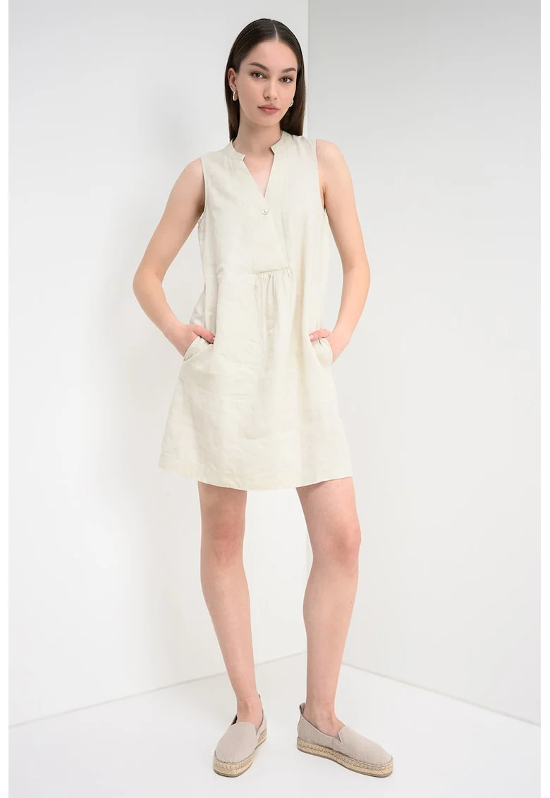 Rochie din in cu buzunare laterale, Alb fildes