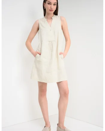 Rochie din in cu buzunare laterale, Alb fildes
