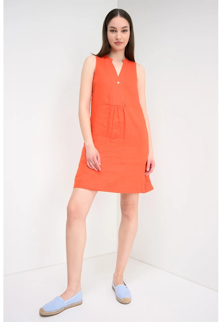 Rochie din in cu buzunare laterale, Portocaliu mandarina