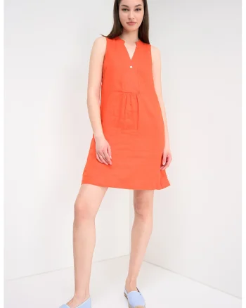 Rochie din in cu buzunare laterale, Portocaliu mandarina