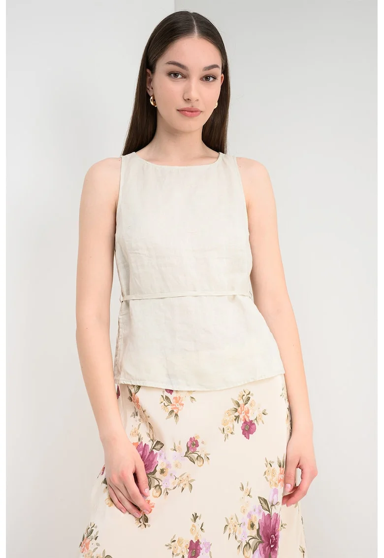 Bluza din in fara maneci cu cordon, Alb fildes