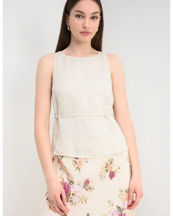 Bluza din in fara maneci cu cordon, Alb fildes