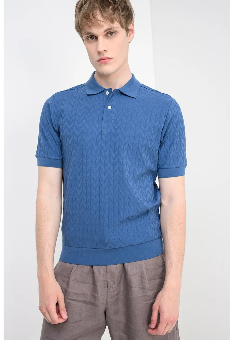 Tricou polo texturat slim fit, Albastru inchis
