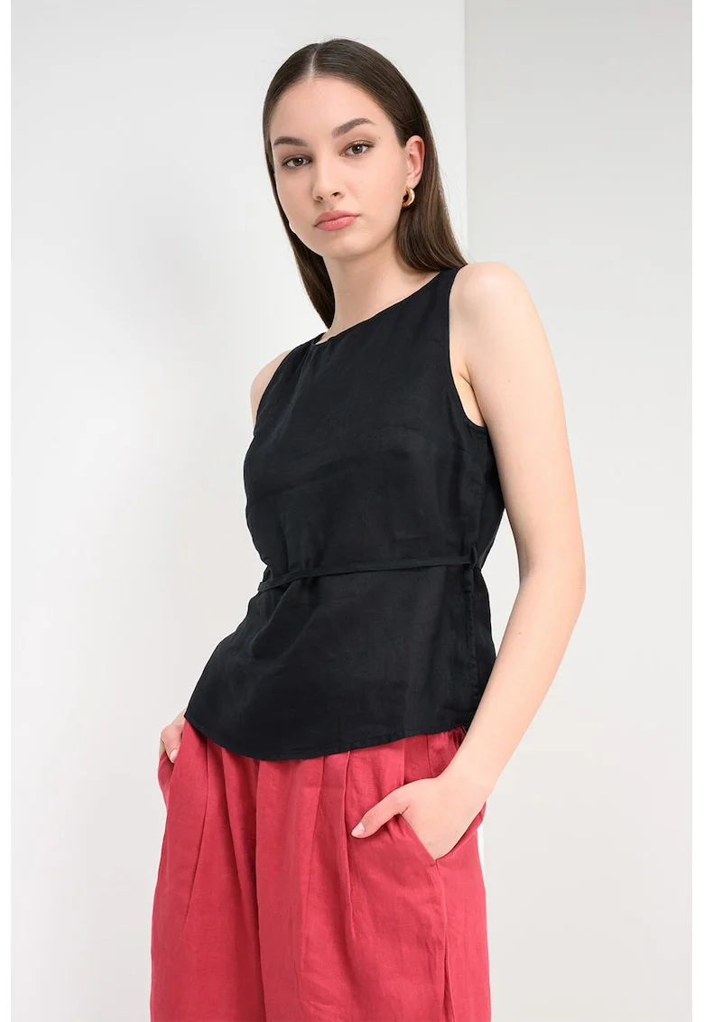 Bluza din in fara maneci cu cordon, Negru